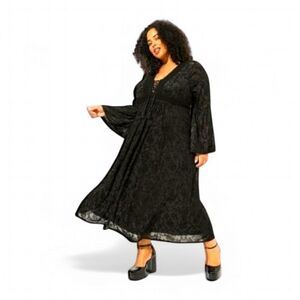 TORRID Black Sexy Lace Burnout Velvet Bell Sleeve MAXI Dress Plus Size 2X